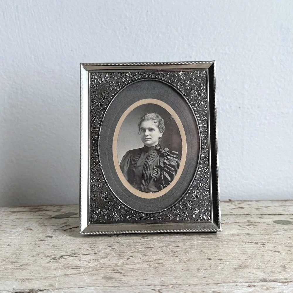 Vintage Silver Tone Metal Floral Embossed Oval Mat Frame Victorian Portrait